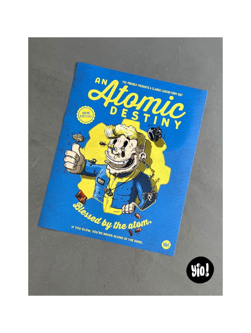 Affiche Vault Boy Fallout Atomic Destiny illustration originale rétro-futuriste 40x50 cm Yio