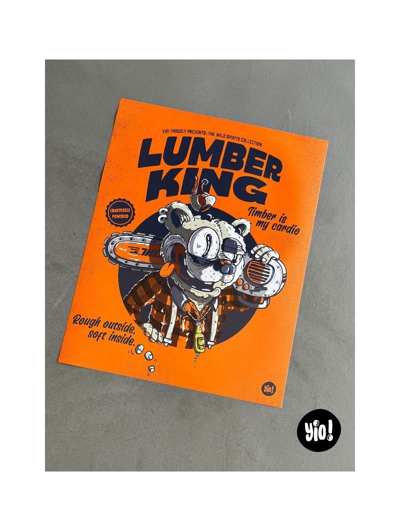 Affiche ours bûcheron Lumber King illustration originale Wild Spirits montagne 40x50 cm Yio