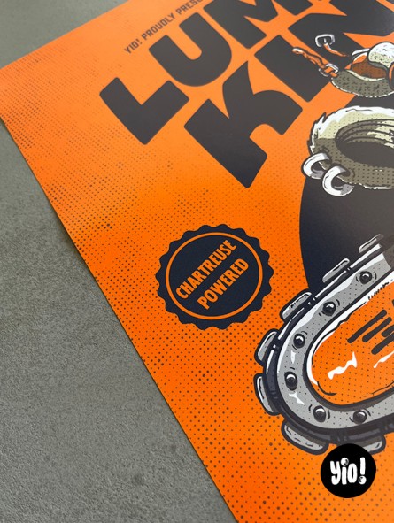 Détail tampon Chartreuse Powered affiche ours bûcheron Lumber King Wild Spirits Yio