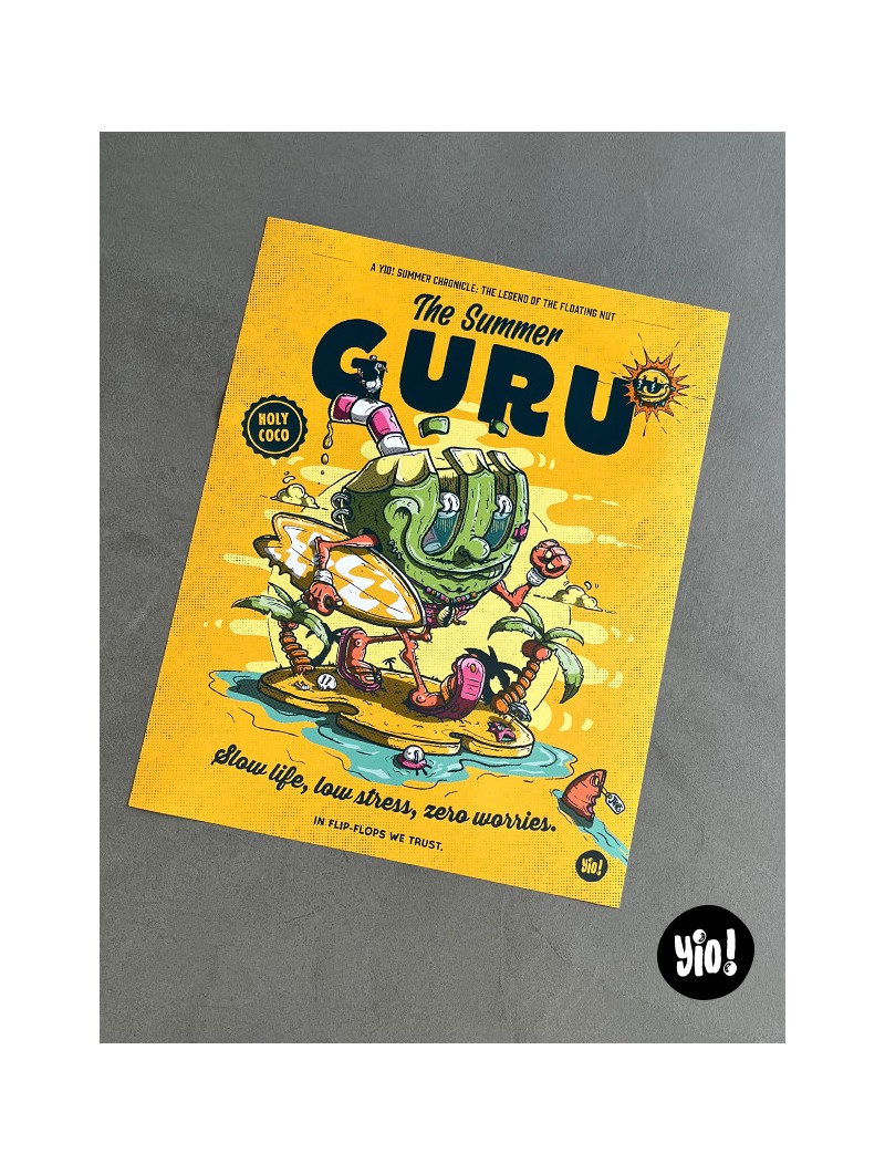 Affiche noix de coco Summer Guru illustration originale cartoon années 30 tropical été 40x50 Yio