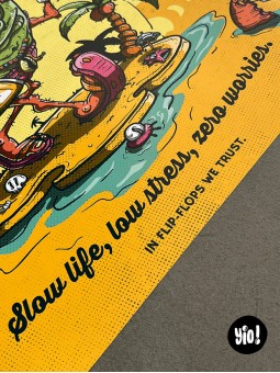 Détail typographie Slow life low stress zero worries In flip-flops we trust affiche noix de coco Yio