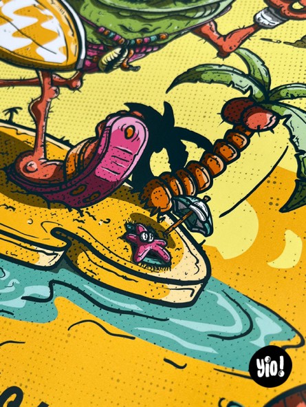 Détail personnage noix de coco surf tongs palmier illustration style Cuphead cartoon tropical Yio