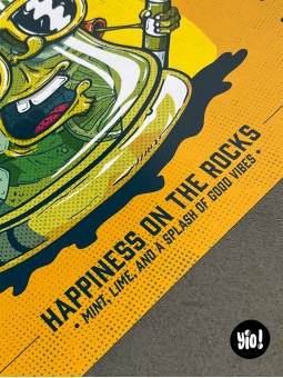 Détail typographie Happiness on the rocks Mint lime good vibes affiche mojito apéro Yio