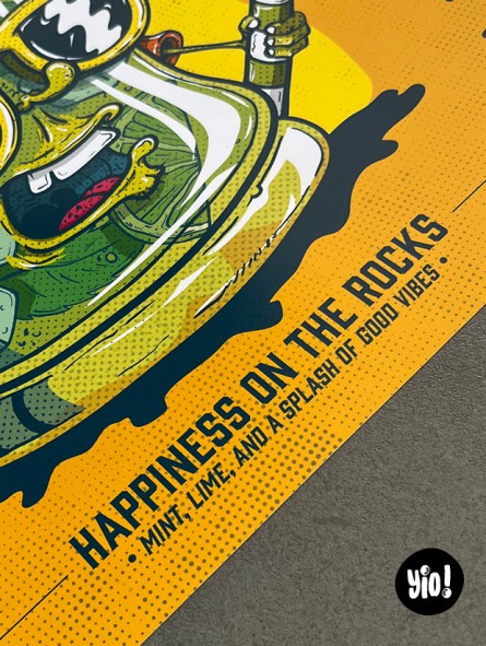 Détail typographie Happiness on the rocks Mint lime good vibes affiche mojito apéro Yio