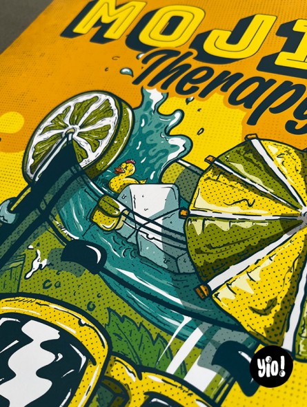 Détail personnage Mojito Therapy verre glace menthe ombrelle illustration originale bar maison Yio