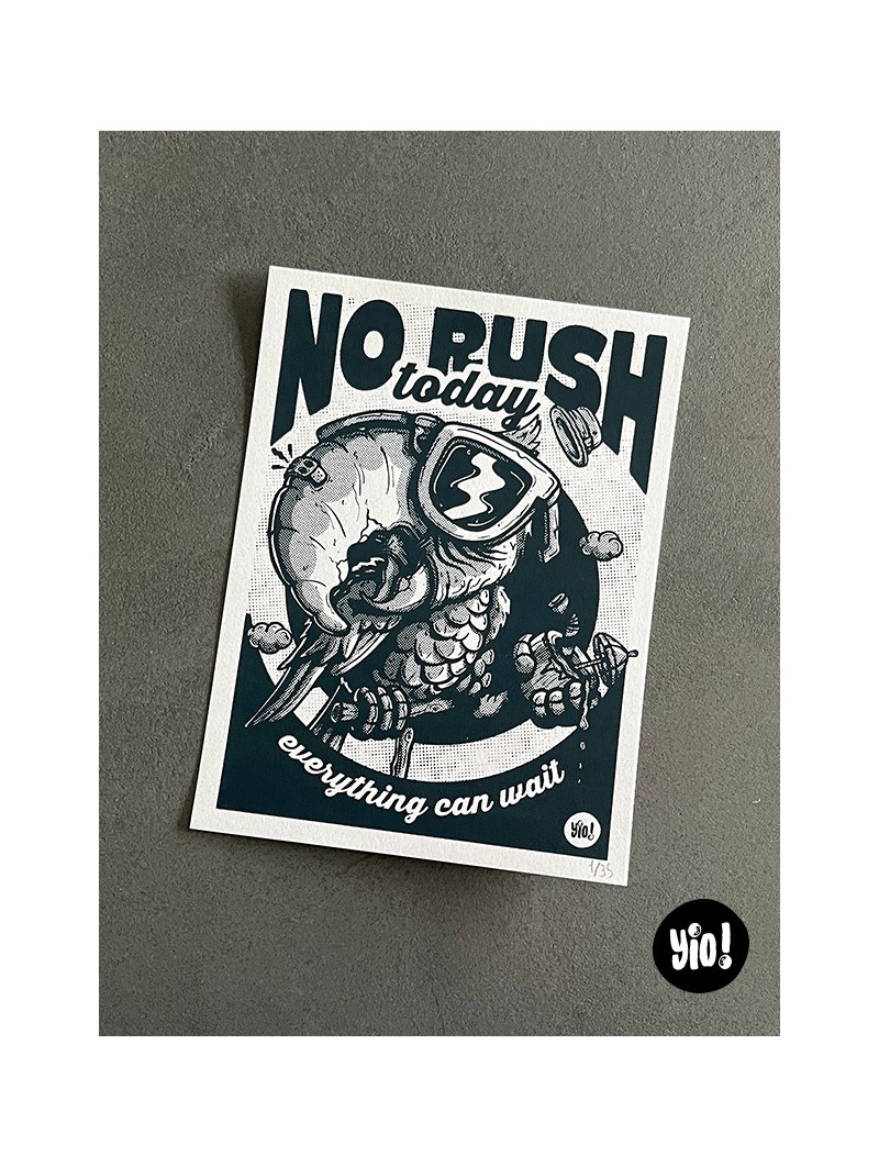 Sérigraphie artisanale perroquet ara trame noir pétrole No Rush Today Atelier Yio