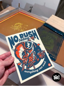 Sérigraphie artisanale 2 couleurs aplats perroquet ara nappage cadre atelier yio