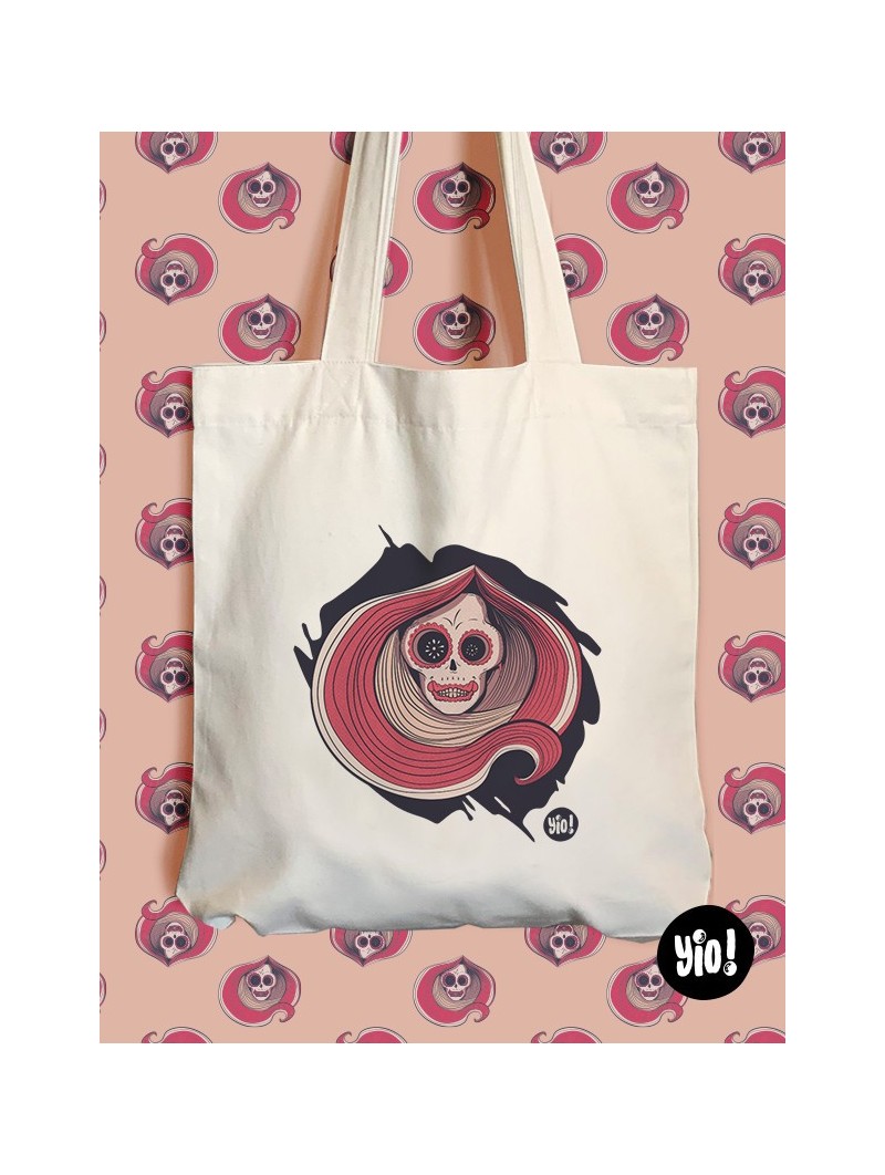totebag catrina - tote-bag crâne squelette en coton bio - dessiné et imprimé en France